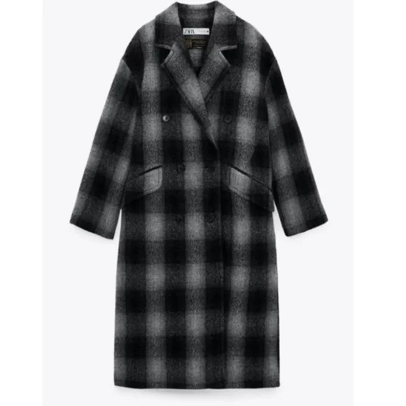 ZARA × Manteco 100% Wool Menswear Grey Black Plaid Long Coat. M NWT Blogger FAVE - Picture 11 of 15